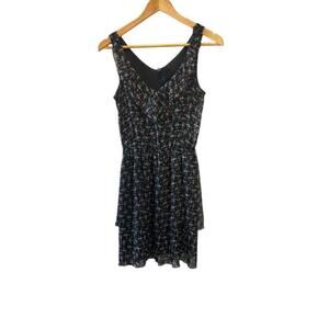 Black Floral Ditsy Print Ruffle V Neck Flowy Short Dress S